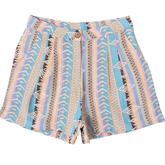 En Creme Pants - Pleated Embroidered Pastel Colorful Cotton Shorts (S) Summer High Waist 3"‎ Rise